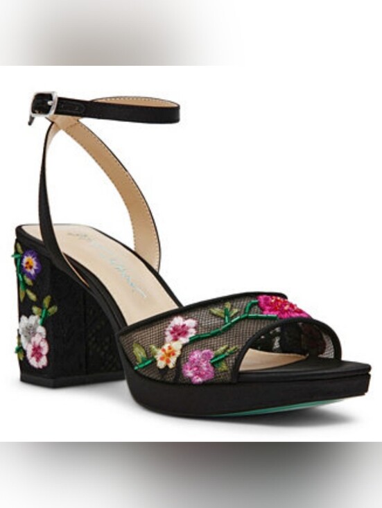 Betsey Johnson Shoes - Betsey Johnson Black Floral Embroidered Mesh Block Heel Sandals